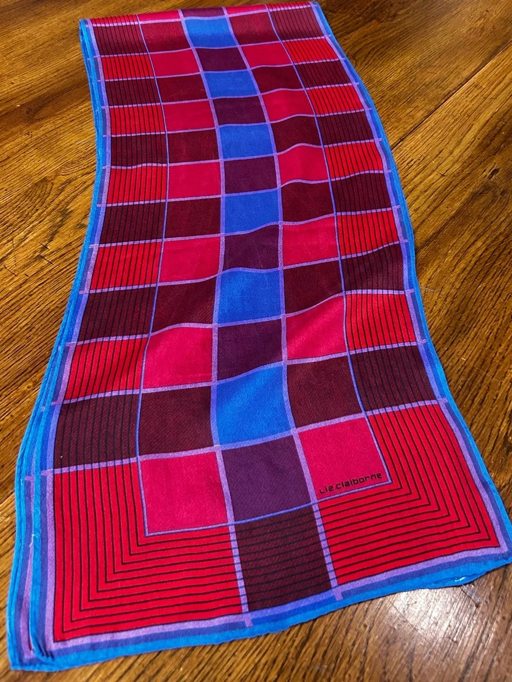 Liz Claiborne Silk Geometric Plaid Oblong Scarf Red Blue Purple Retro Fall Scarf